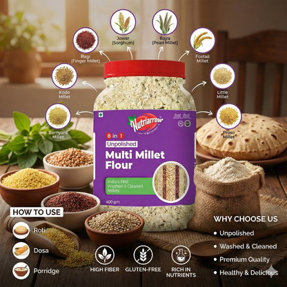 Multi Millet Flour | 8 Millet Flour Blend | Foxtail, Little, Barnyard, Proso, Kodo Millet with Sprouted Ragi, Sprouted Jowar & Sprouted Pearl Millet | Unpolished Millet Powder